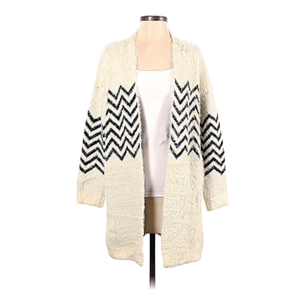 Sioni Open Front Zigzag‎ Pattern Long Cardigan Cozy Sweater Ivory - S